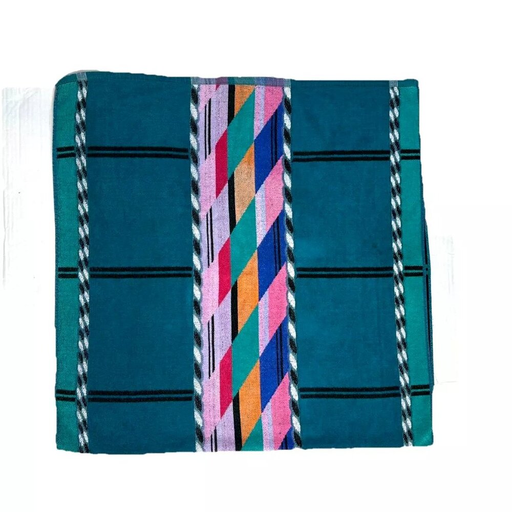 Royal Terry Vintage 1980s Beach Bath Towel Bright Teal Blue Retro Rare Aztec
